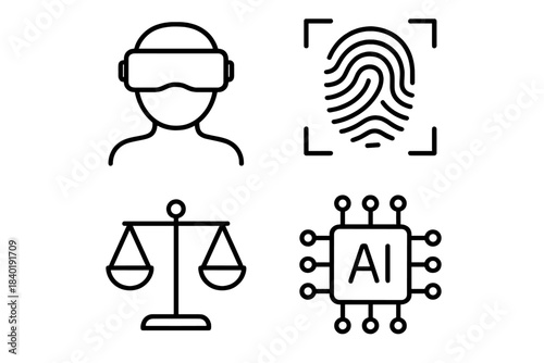 Virtual reality headset, biometric fingerprint scan, justice scale, and artificial intelligence chip