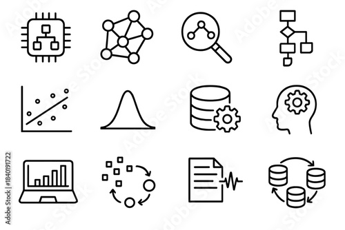Statistical analysis, data processing, and database concepts in a technology icon collection