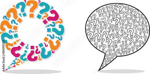 Question mark speech bubbles, colorful and monochrome design, curiosity concept, brainstorming symbol, inquiry icon, flat vector illustration