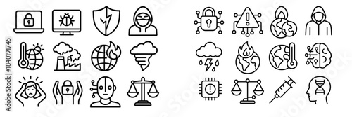 Outline icons for global warming, data security, hacking, and environmental disasters