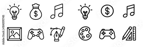 Outline icons for creativity, digital design tools, finance, and entertainment concepts