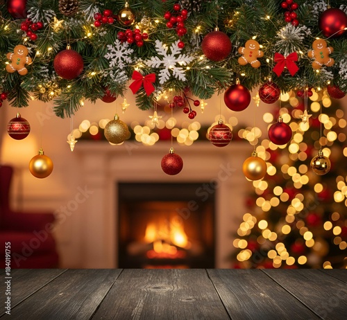 Arrière-plan d'une cheminée allumée avec un sapin de Noël et des décorations en haut