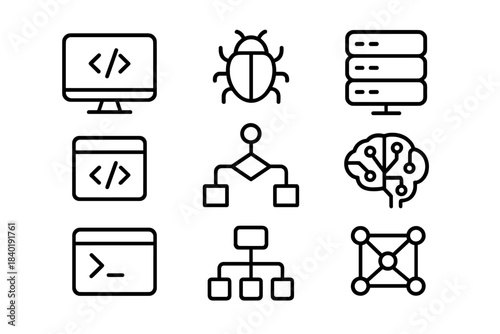 Outline icons for software development, coding, data processing, and artificial intelligence