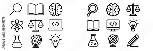Outline symbols representing knowledge, learning, science, law, and technology concepts