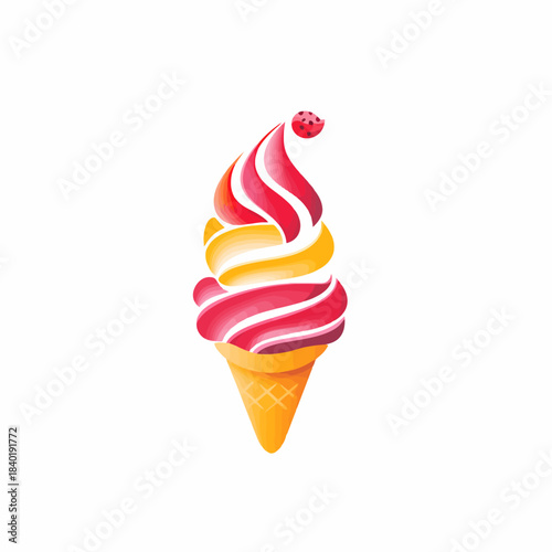 Colorful ice cream cone with swirls and toppings