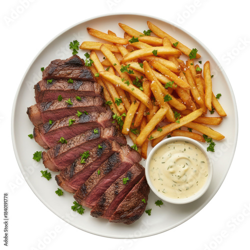 Appetizing steak frites beef meal with golden french fry and bearnaise sauce. classic dinner plate from above