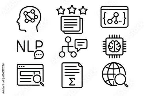 Modern line icons depicting concepts of artificial intelligence and natural language processing technology
