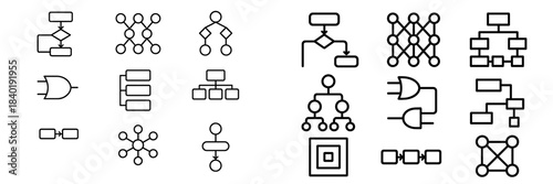 Business and technology diagram icons: flowchart, hierarchy, network, and logic symbols