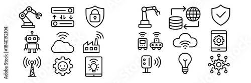Outline symbols for industrial automation, smart technology, data security, and wireless communication