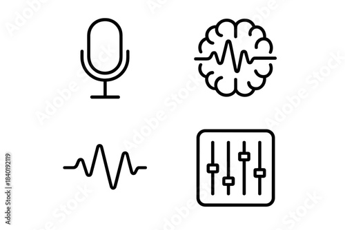 Sound recording and editing line icons set featuring microphone, waveform, equalizer, and brain activity