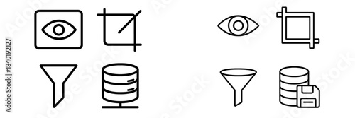 Essential user interface symbols for viewing, cropping, filtering, and data management functions
