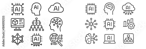 Artificial intelligence and machine learning technology icons for digital data processing systems