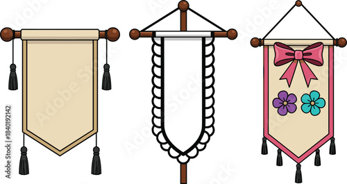 Decorative Hanging Banner Set with Tassels, Floral and Bow Accents, Event and Interior Theme, Flat Vector Illustration, Isolated Graphics