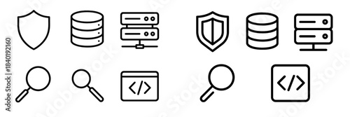 Outline technology symbols featuring security shields, database storage, server racks, search magnifying glass, and coding