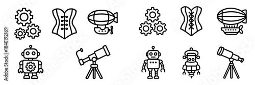 Steampunk outline icons set featuring mechanical gears, vintage airships, and robotic figures