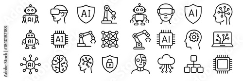 Artificial intelligence, machine learning, and robotics technology icons