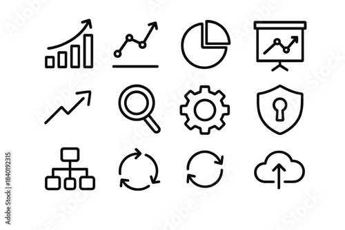 Essential outline icons set for business, data analysis, technology, and security interfaces
