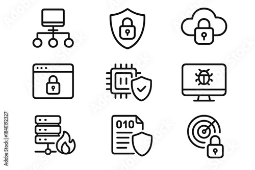 Outline icons set for digital security, data protection, network defense, cloud computing, and cyber threats