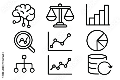 Business analysis line icons set featuring data charts, artificial intelligence, and legal balance