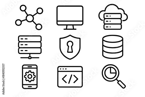 Digital technology and data management concepts featuring server, cloud, security shield, and mobile settings