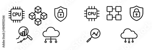 Modern technology line icons set featuring CPU, data analysis, cloud computing, blockchain, and security symbols