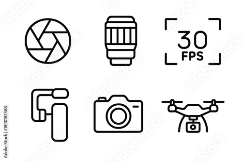 Modern photography and videography equipment featuring camera lens, aperture, drone, and gimbal stabilizer
