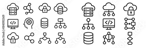 Essential technology symbols covering cloud computing, data storage, networking, and programming