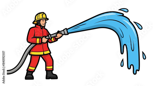 Firefighter in action spraying water from a hose to extinguish flames in a city setting