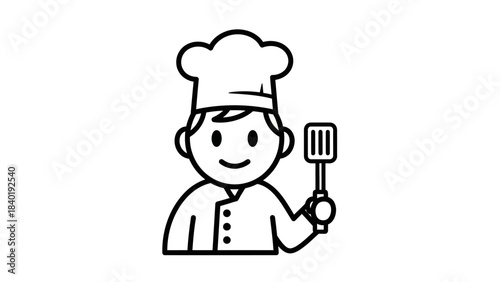 Cartoon chef in a white hat holding a spatula, smiling, with a kitchen background, perfect for culinary themes