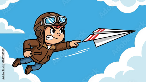 Young aviator in a leather jacket and goggles joyfully launches a paper plane through clouds
