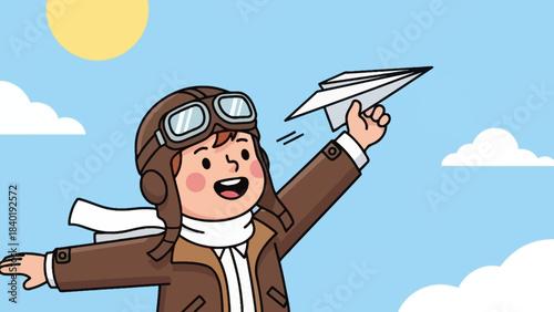 Young boy in vintage aviator gear joyfully flying a paper airplane under a bright blue sky