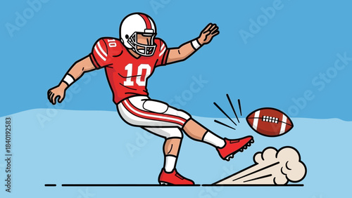 Football player in red jersey kicking a ball on a blue background with motion effects
