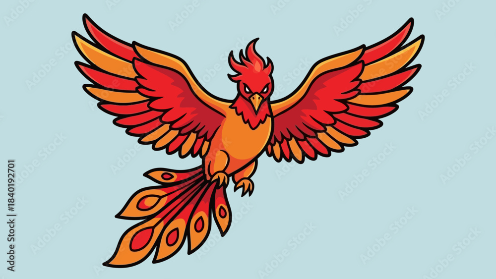 Fototapeta premium Colorful mythical phoenix soaring through a blue sky, symbolizing rebirth and resilience