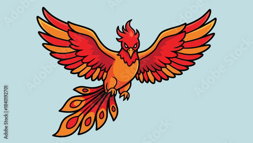 Colorful mythical phoenix soaring through a blue sky, symbolizing rebirth and resilience