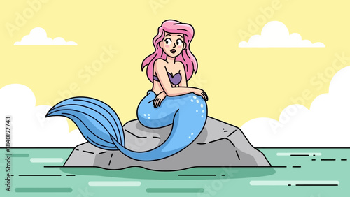 A whimsical mermaid with pink hair sitting on a rock by the sea under a sunny sky