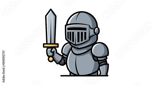 Cartoon knight in armor holding a sword, standing confidently against a simple background