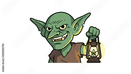 Cartoon goblin holding a lantern, showcasing a mischievous expression in a whimsical style