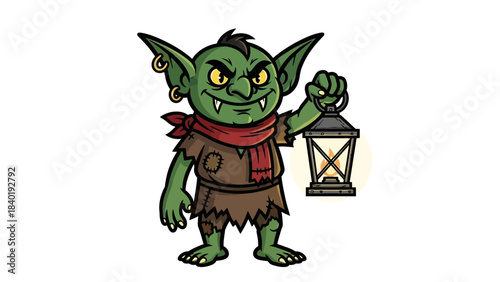 A mischievous goblin holding a lantern, showcasing its playful nature in a whimsical setting