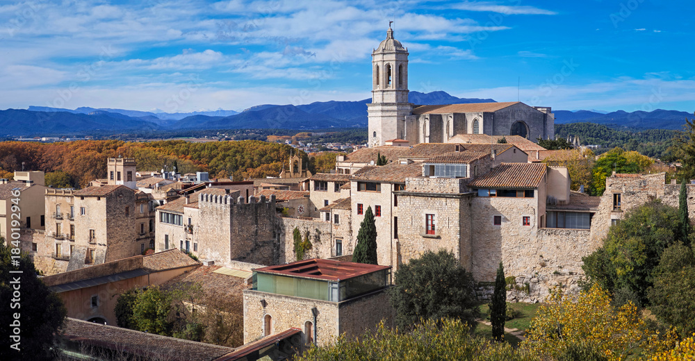 Obraz premium View of the city from the defensive wall and Cathedral of Santa María, 11th century Romanesque, 13th century Gothic, Girona, Catalonia, Spain