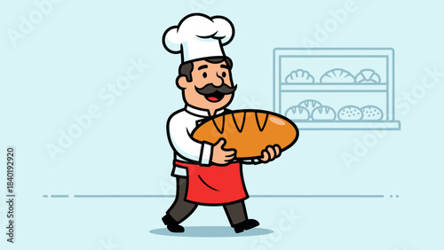 Cartoon chef proudly carrying a freshly baked loaf of bread in a bakery setting