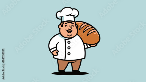 Cheerful baker holding a fresh loaf of bread, set against a light blue background
