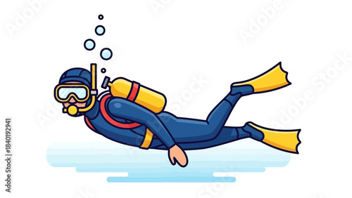 Diver submerged underwater exploring marine life, with bubbles rising and a vibrant ocean backdrop