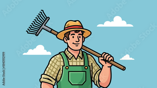 Farmer holding a rake with a bright blue sky and clouds in the background, showcasing rural life