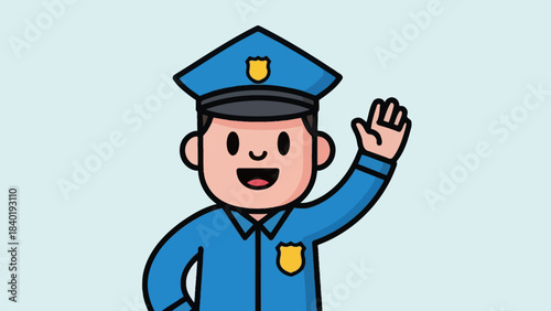 Cheerful cartoon police officer waving in a light blue background, symbolizing safety and community