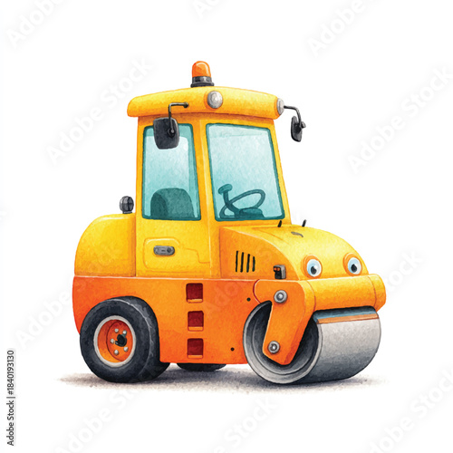 Playful Cartoon Road Roller Watercolor Illustration for Kids