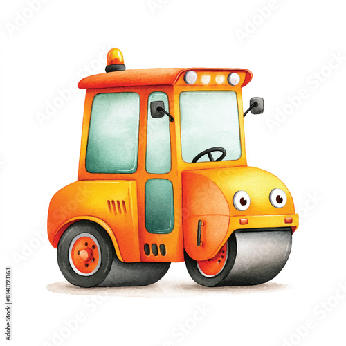 Playful Orange Road Roller Cartoon Construction Vehicle Illustration