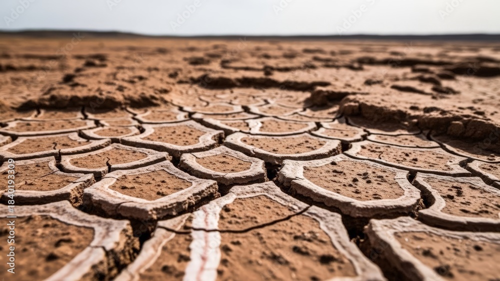 Obraz premium Close-up of Arid Cracked Earth Surface in Drought Conditions