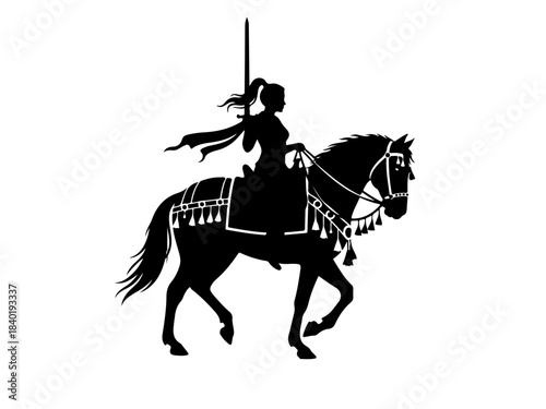 Silhouette of a woman in armor riding a horse with a sword raised.