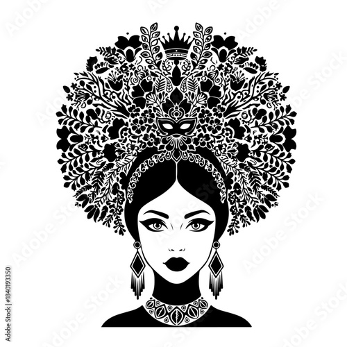 A striking black and white illustration of a woman adorned with an elaborate floral headdress and mask.