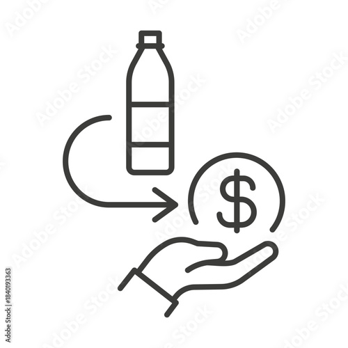 deposit bottle icon, cash back, money back on plastic in hand, change money, thin line symbol vector illustration